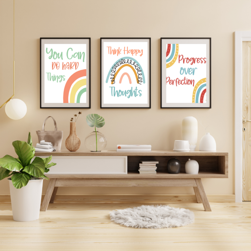 3 positive affirmation wall posters on a white background on display